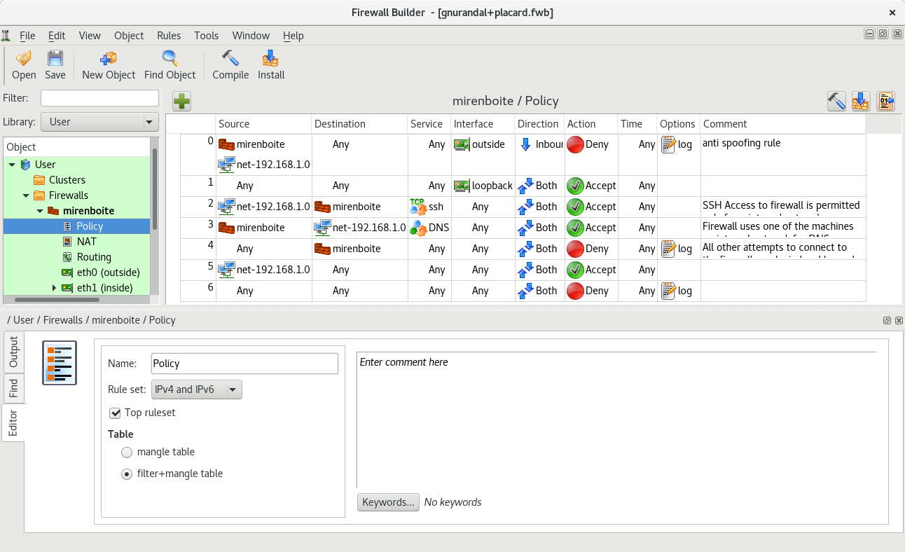 Ventana principal de fwbuilder