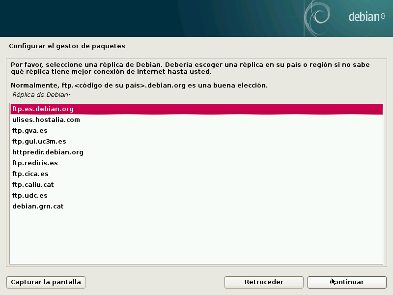 Selección de una réplica de Debian