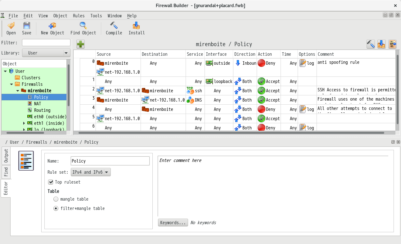 fwbuilder のメインウィンドウ
